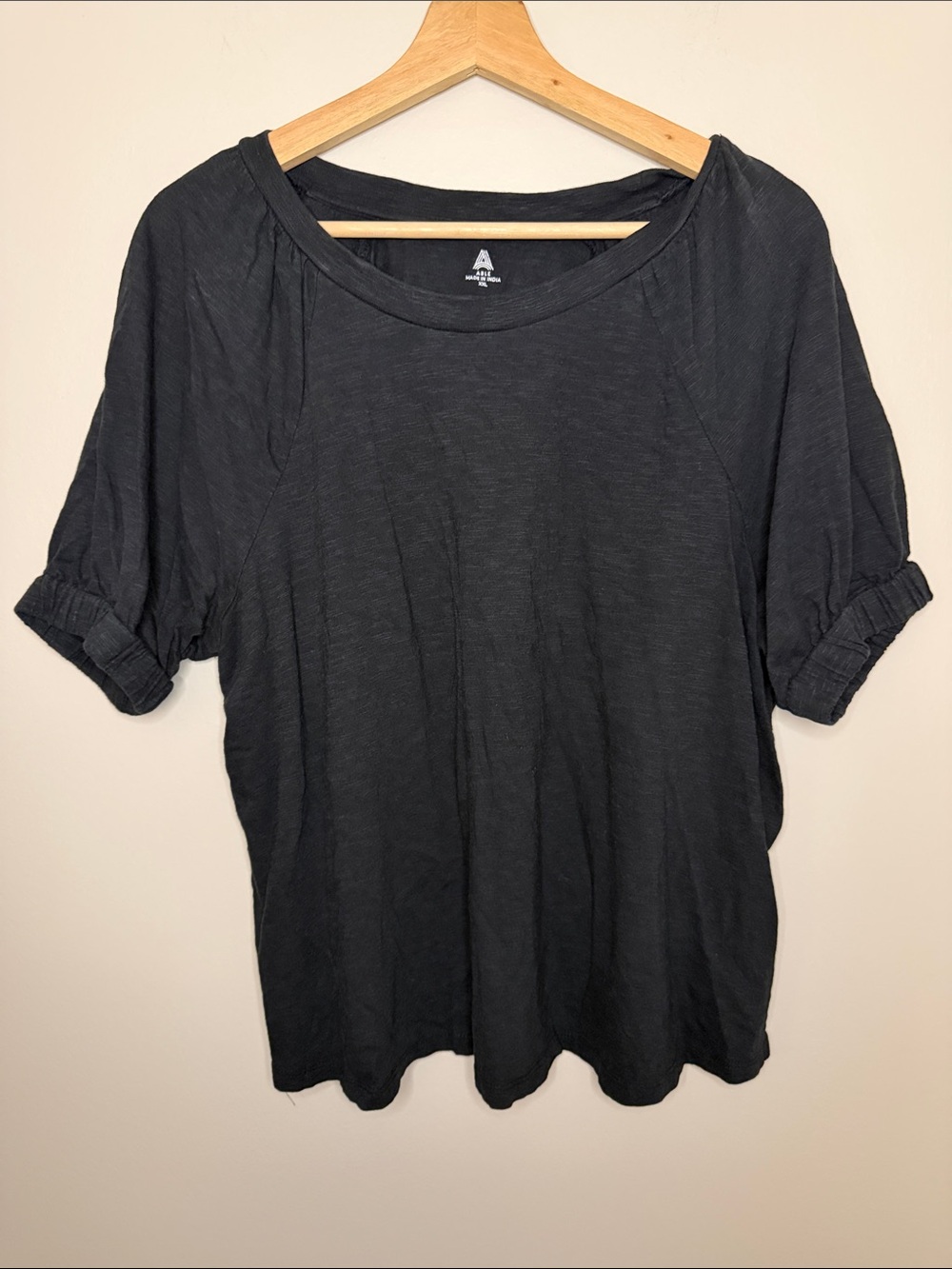 Able Black Scoop Neck Short Sleeve Tee with Ruched Cuffs